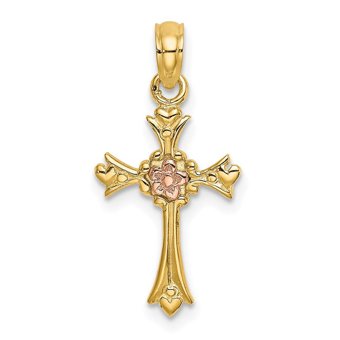 Million Charms 14K Two-Tone Relgious Cross With Flower Charm