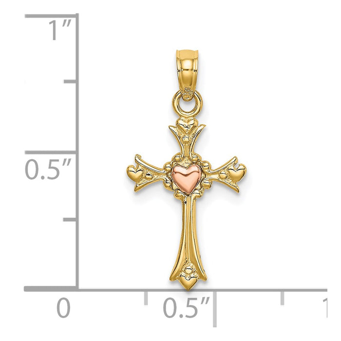 Million Charms 14K Two-Tone Relgious Cross With Heart Charm