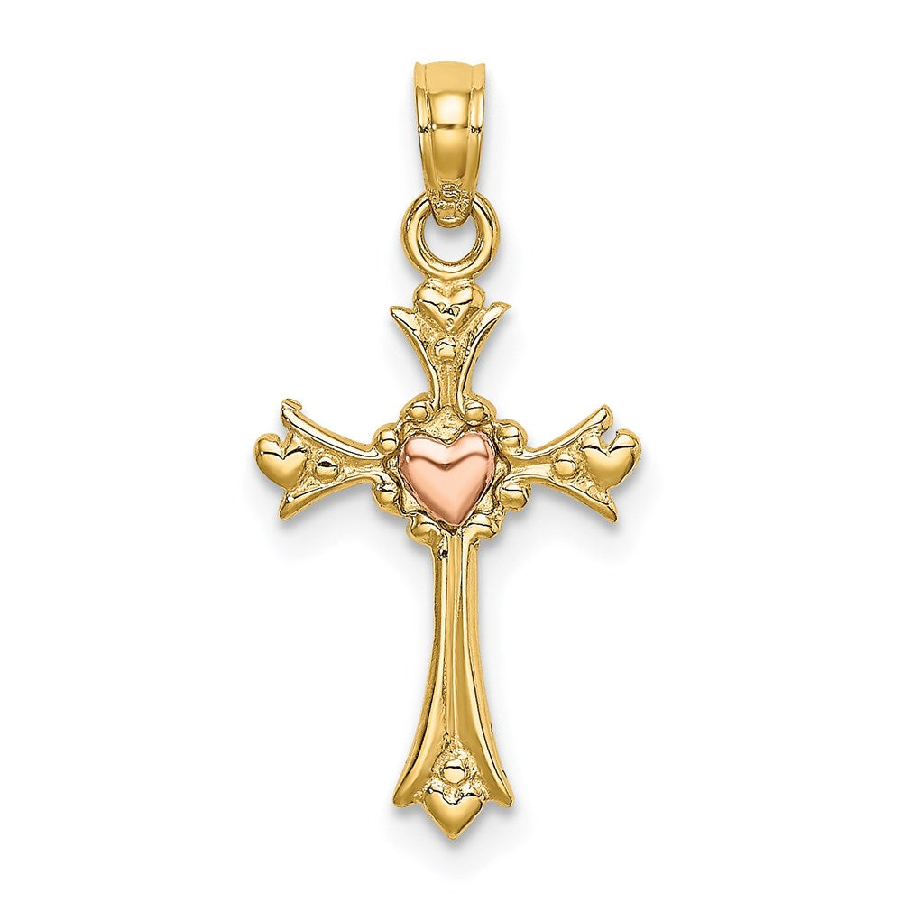 Million Charms 14K Two-Tone Relgious Cross With Heart Charm