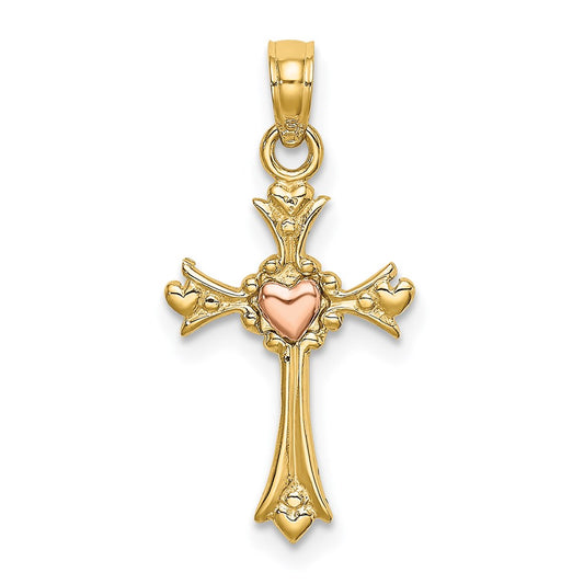 Million Charms 14K Two-Tone Relgious Cross With Heart Charm