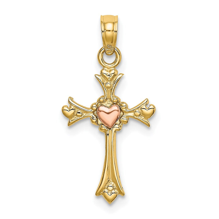 Million Charms 14K Two-Tone Relgious Cross With Heart Charm