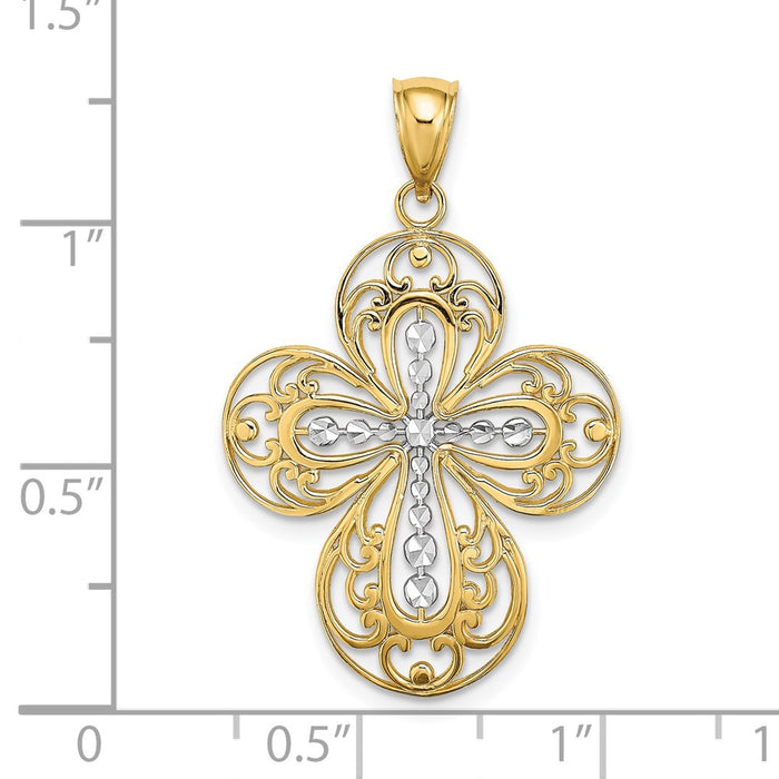 Million Charms 14K Yellow Gold Themed With Rhodium-Plated Diamond-Cut & Cut Out Filigree Relgious Cross Charm