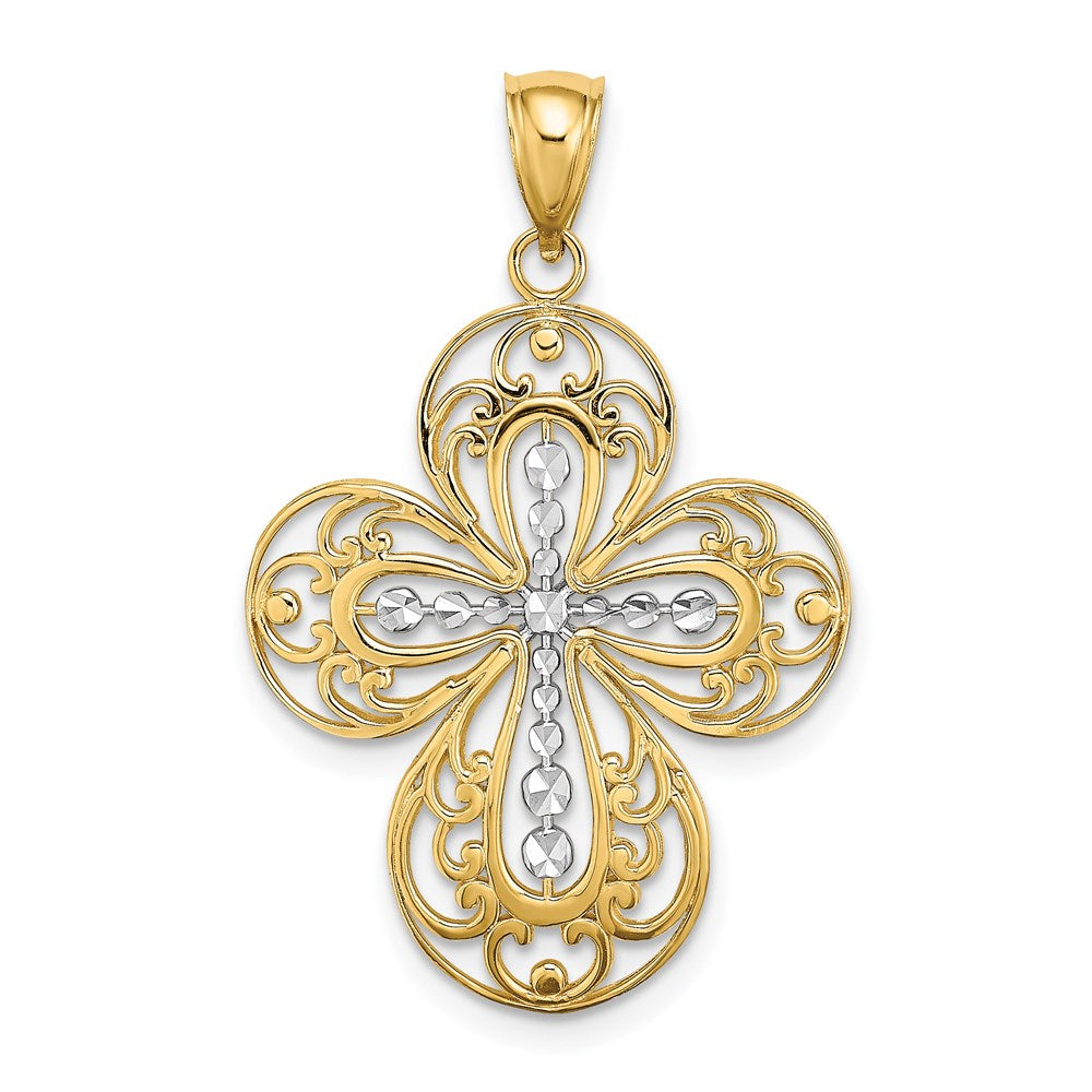 Million Charms 14K Yellow Gold Themed With Rhodium-Plated Diamond-Cut & Cut Out Filigree Relgious Cross Charm