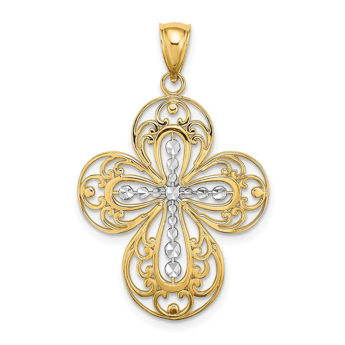 Million Charms 14K Yellow Gold Themed With Rhodium-Plated Diamond-Cut & Cut Out Filigree Relgious Cross Charm