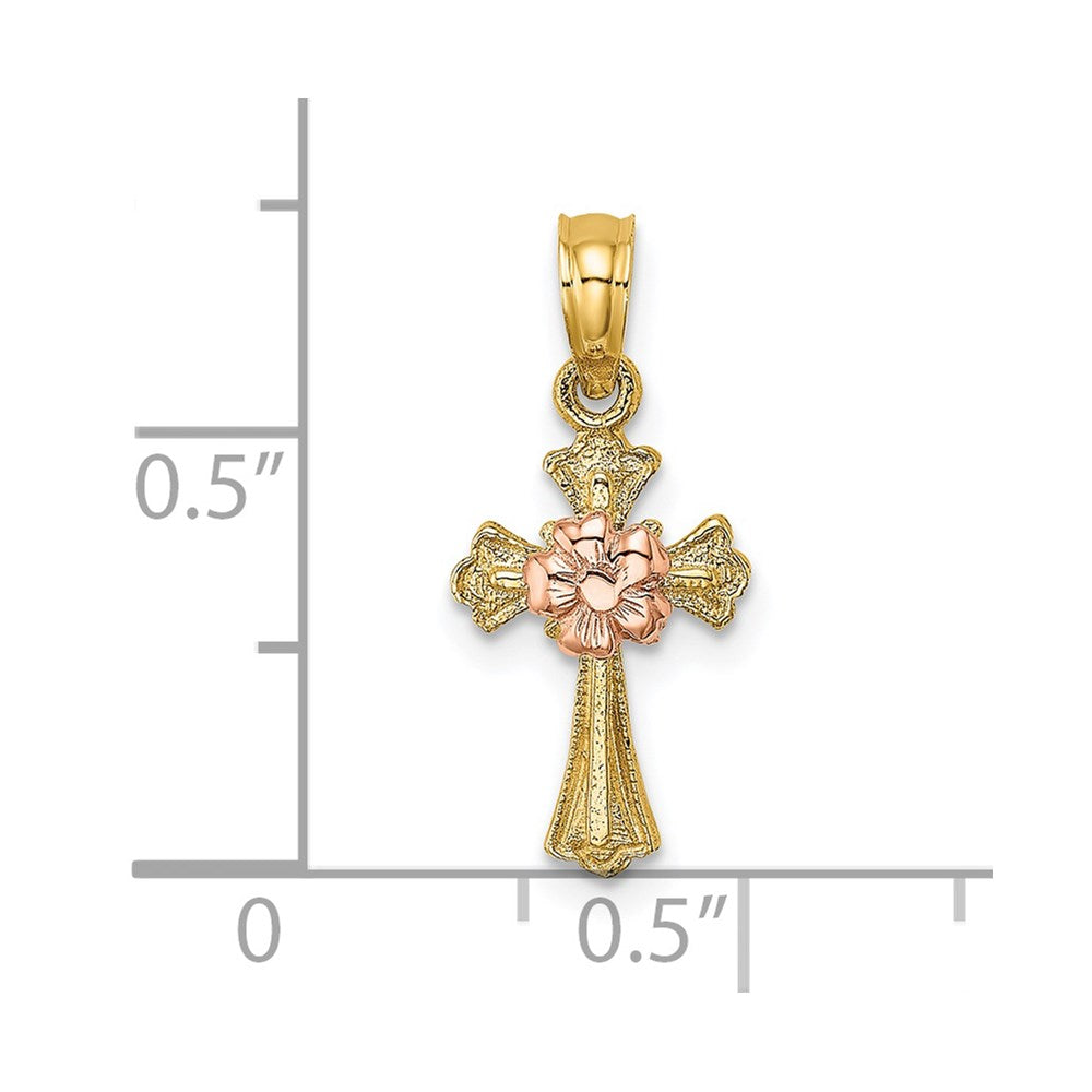Million Charms 14K Two-Tone Relgious Cross With Small Flower Charm
