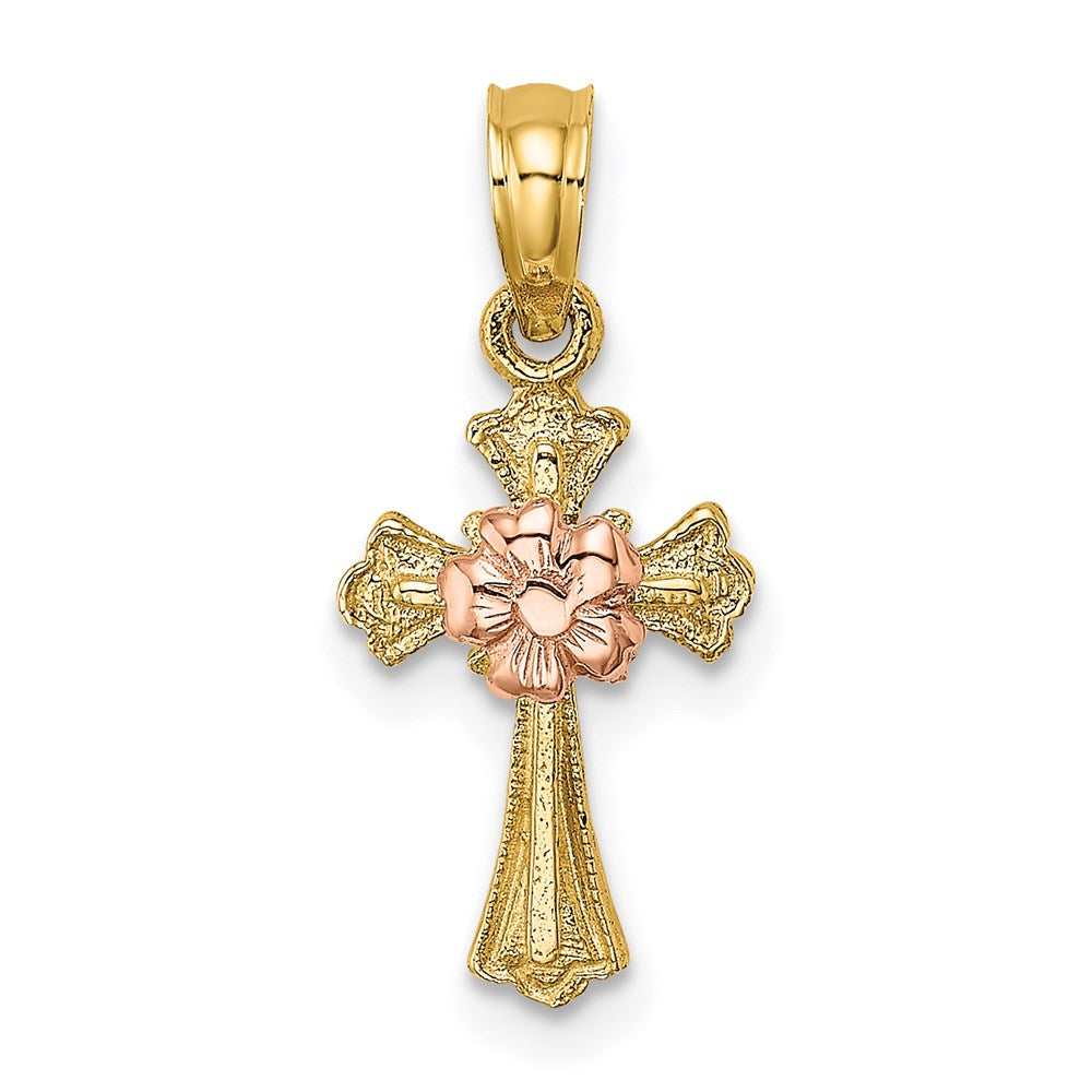 Million Charms 14K Two-Tone Relgious Cross With Small Flower Charm