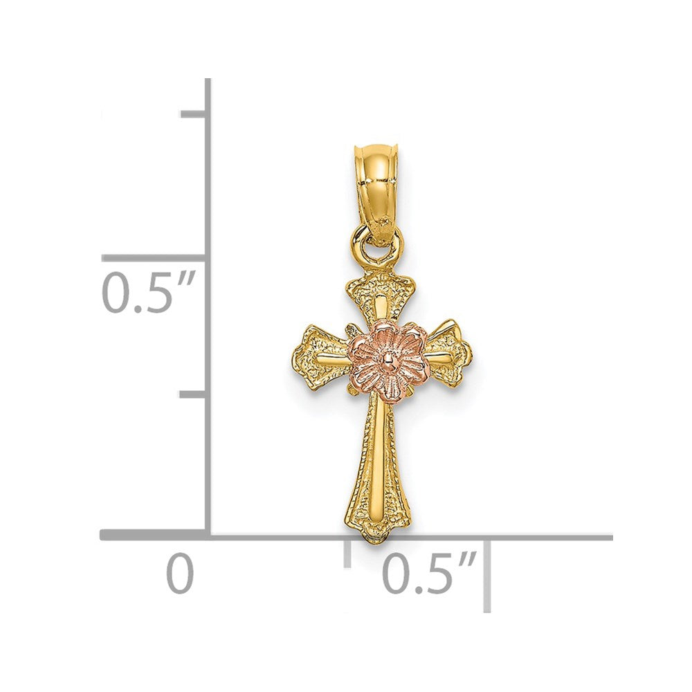 Million Charms 14K Two-Tone Relgious Cross With Flower Charm