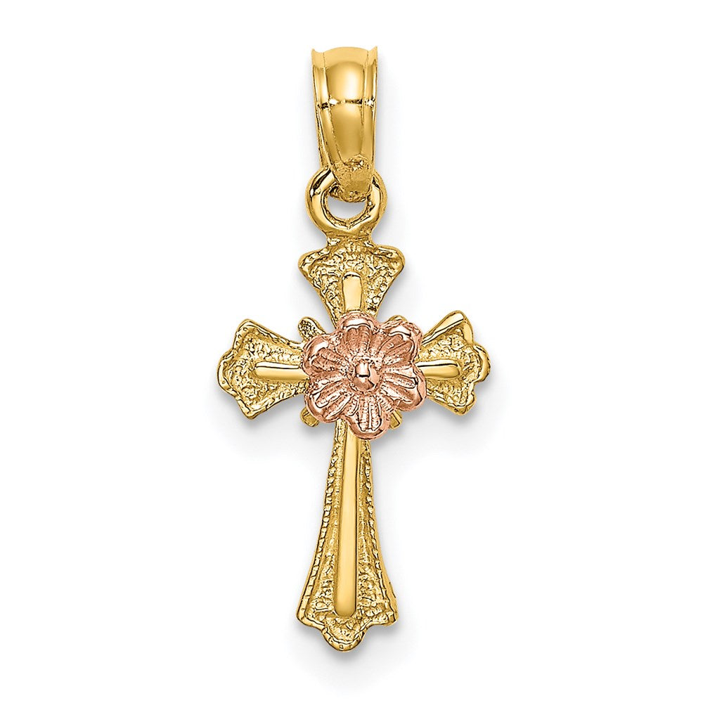 Million Charms 14K Two-Tone Relgious Cross With Flower Charm