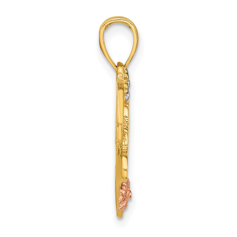 Million Charms 14K Tri-Color #1 Sister On Heart With Flowers Charm
