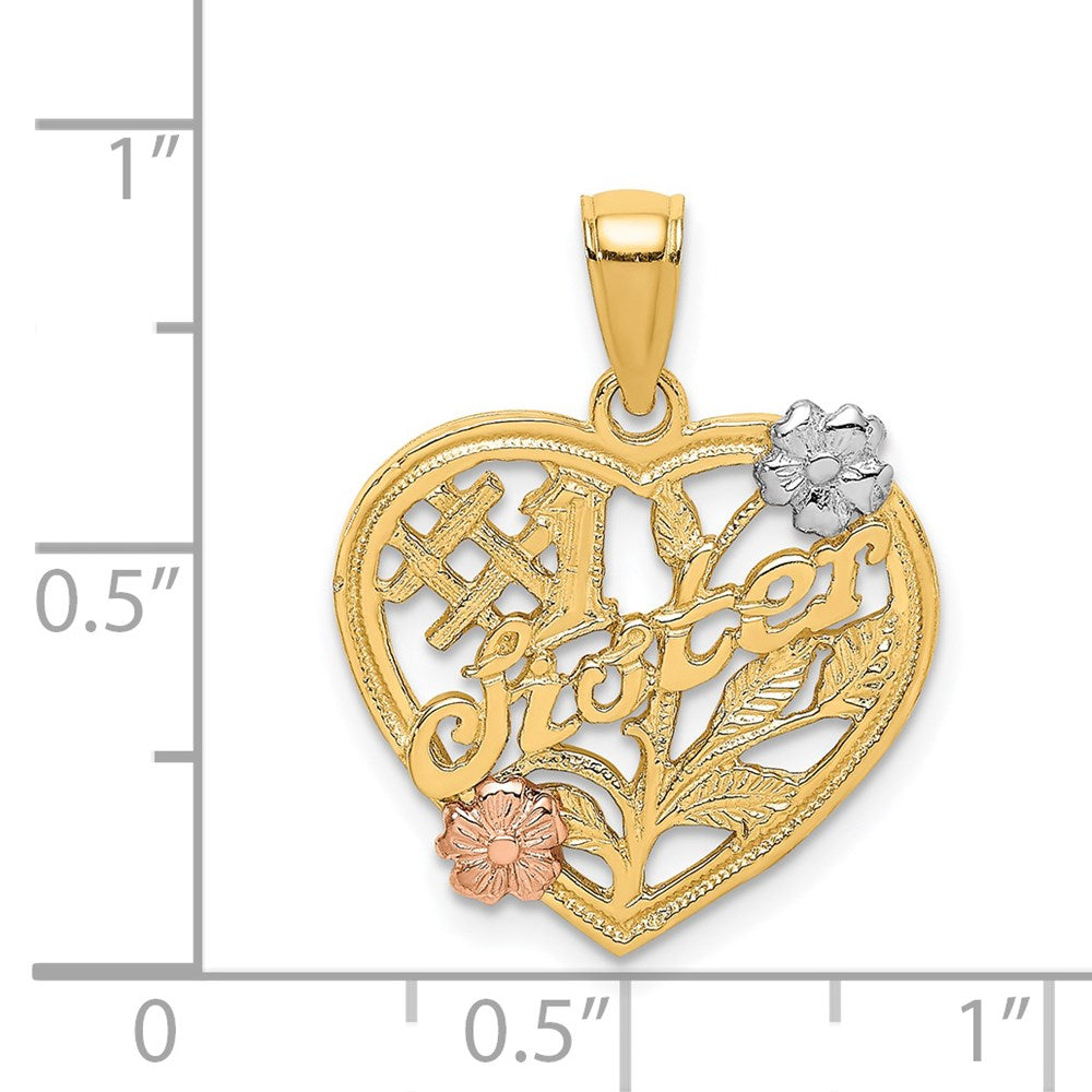Million Charms 14K Tri-Color #1 Sister On Heart With Flowers Charm