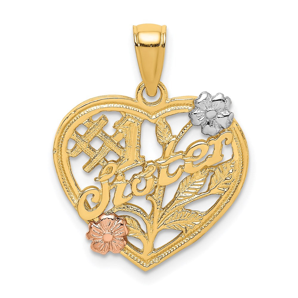 Million Charms 14K Tri-Color #1 Sister On Heart With Flowers Charm