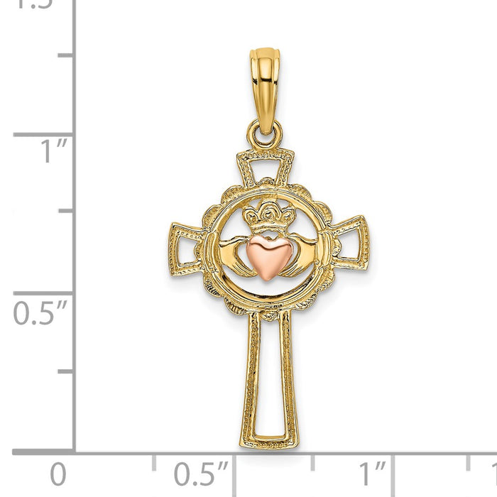 Million Charms 14K Two-Tone Relgious Cross With Claddagh & Heart Charm