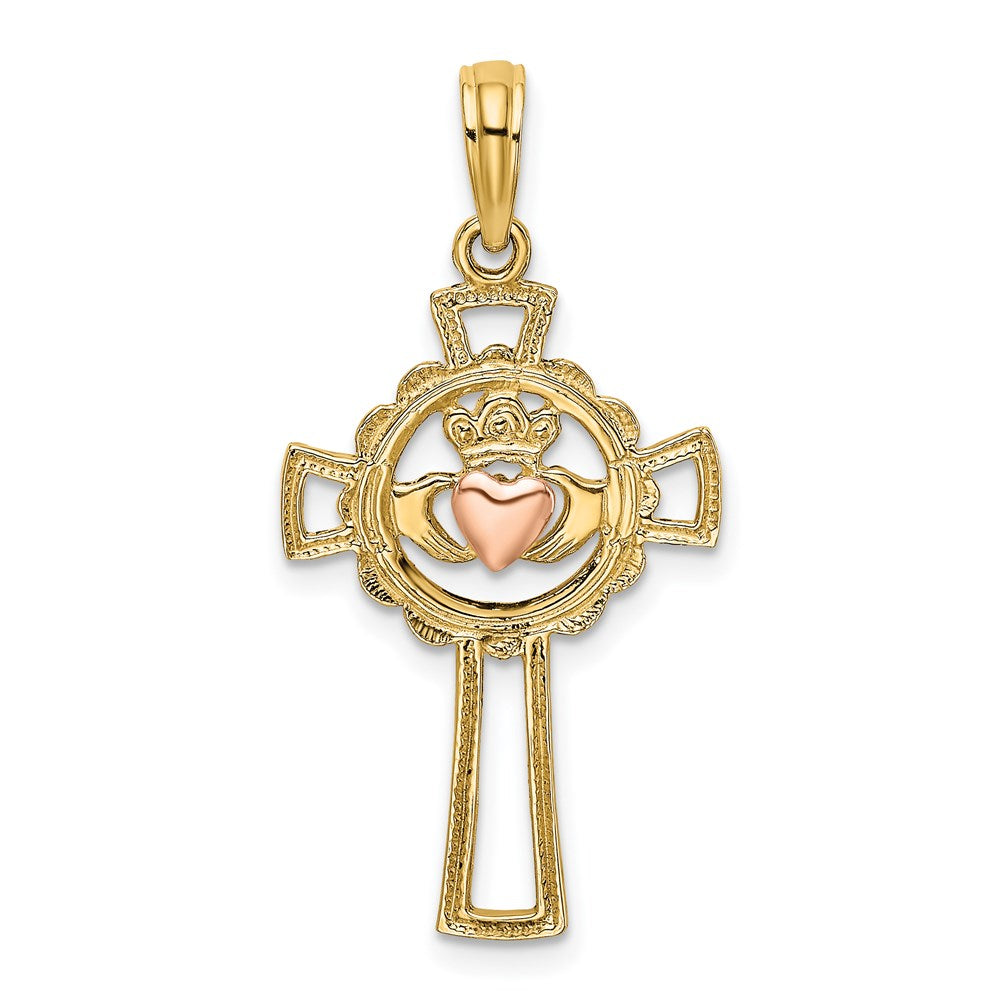 Million Charms 14K Two-Tone Relgious Cross With Claddagh & Heart Charm