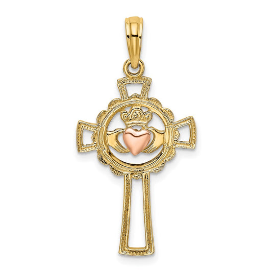 Million Charms 14K Two-Tone Relgious Cross With Claddagh & Heart Charm
