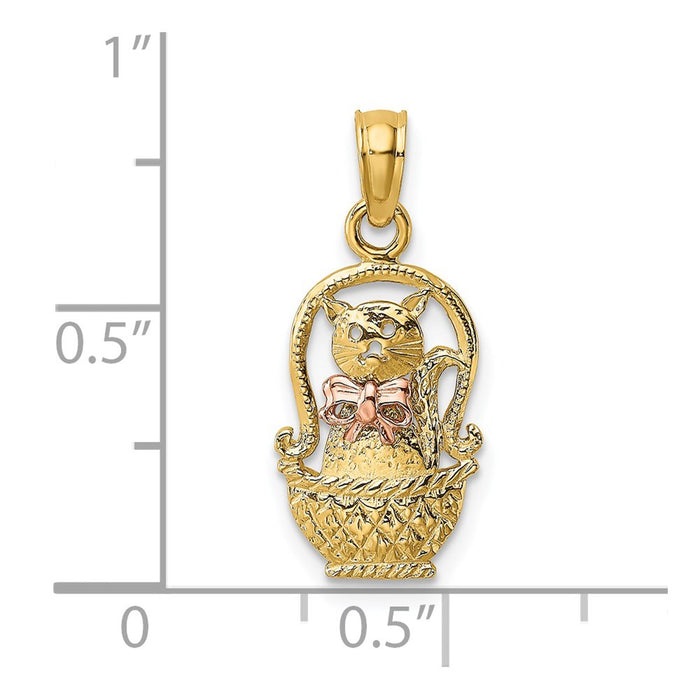 Million Charms 14K Two-Tone Cat With Bow In Basket Charm