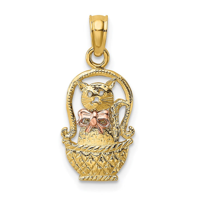 Million Charms 14K Two-Tone Cat With Bow In Basket Charm