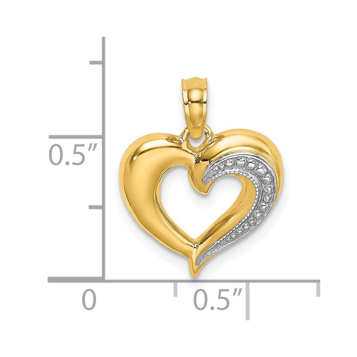 Million Charms 14K Yellow Gold Themed With Rhodium-Plated Polished & Textured Heart Charm