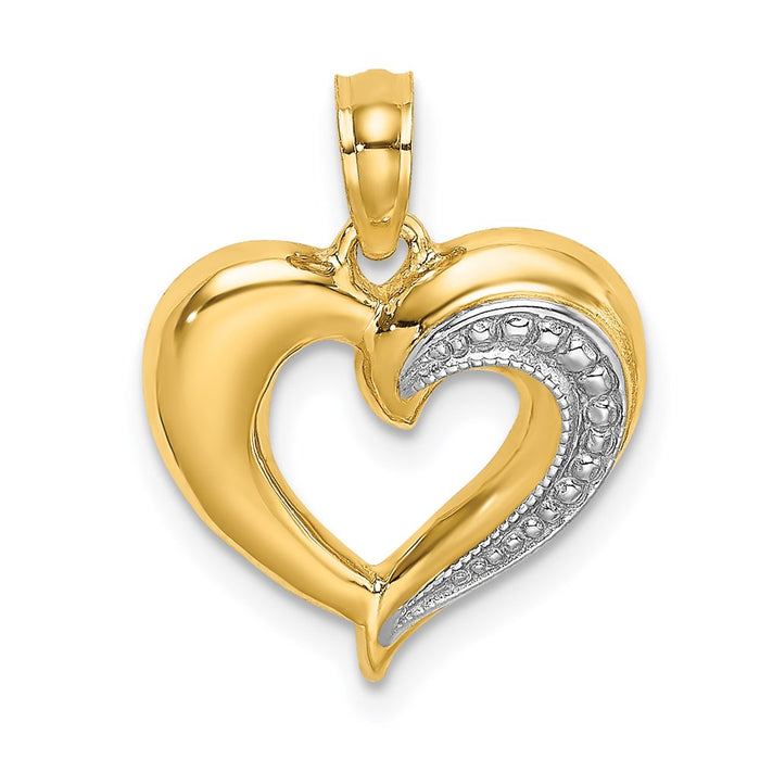 Million Charms 14K Yellow Gold Themed With Rhodium-Plated Polished & Textured Heart Charm