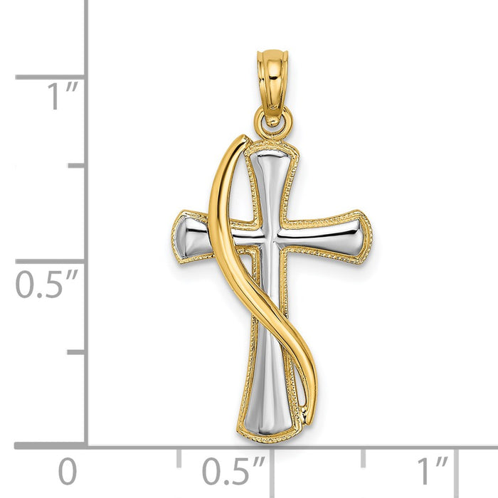 Million Charms 14K Yellow Gold Themed With Rhodium-Plated Drape Over Relgious Cross Charm