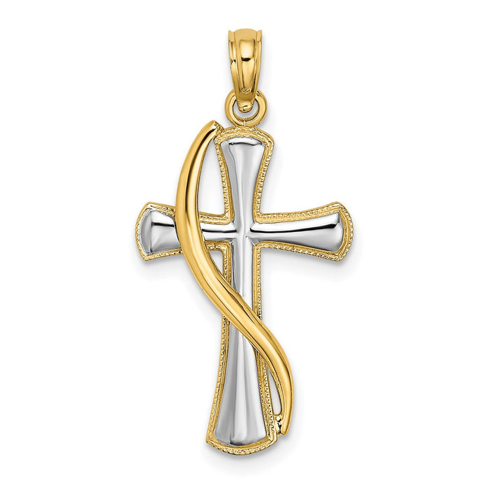 Million Charms 14K Yellow Gold Themed With Rhodium-Plated Drape Over Relgious Cross Charm