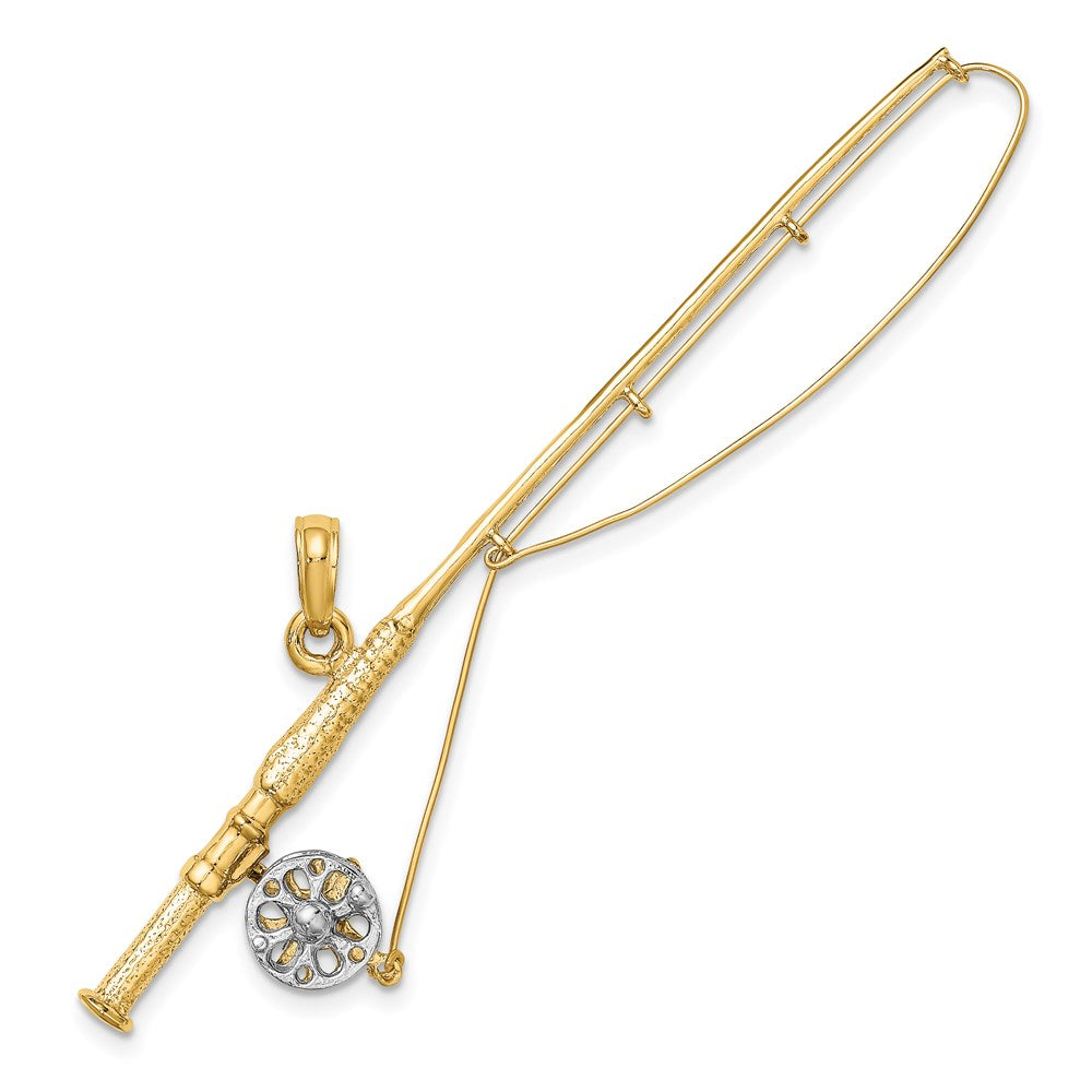 Million Charms 14K Yellow Gold Themed With Rhodium-Plated 3-D Fly Rod Fishing Pole Charm
