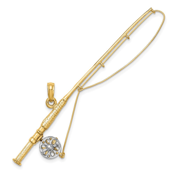 Million Charms 14K Yellow Gold Themed With Rhodium-Plated 3-D Fly Rod Fishing Pole Charm