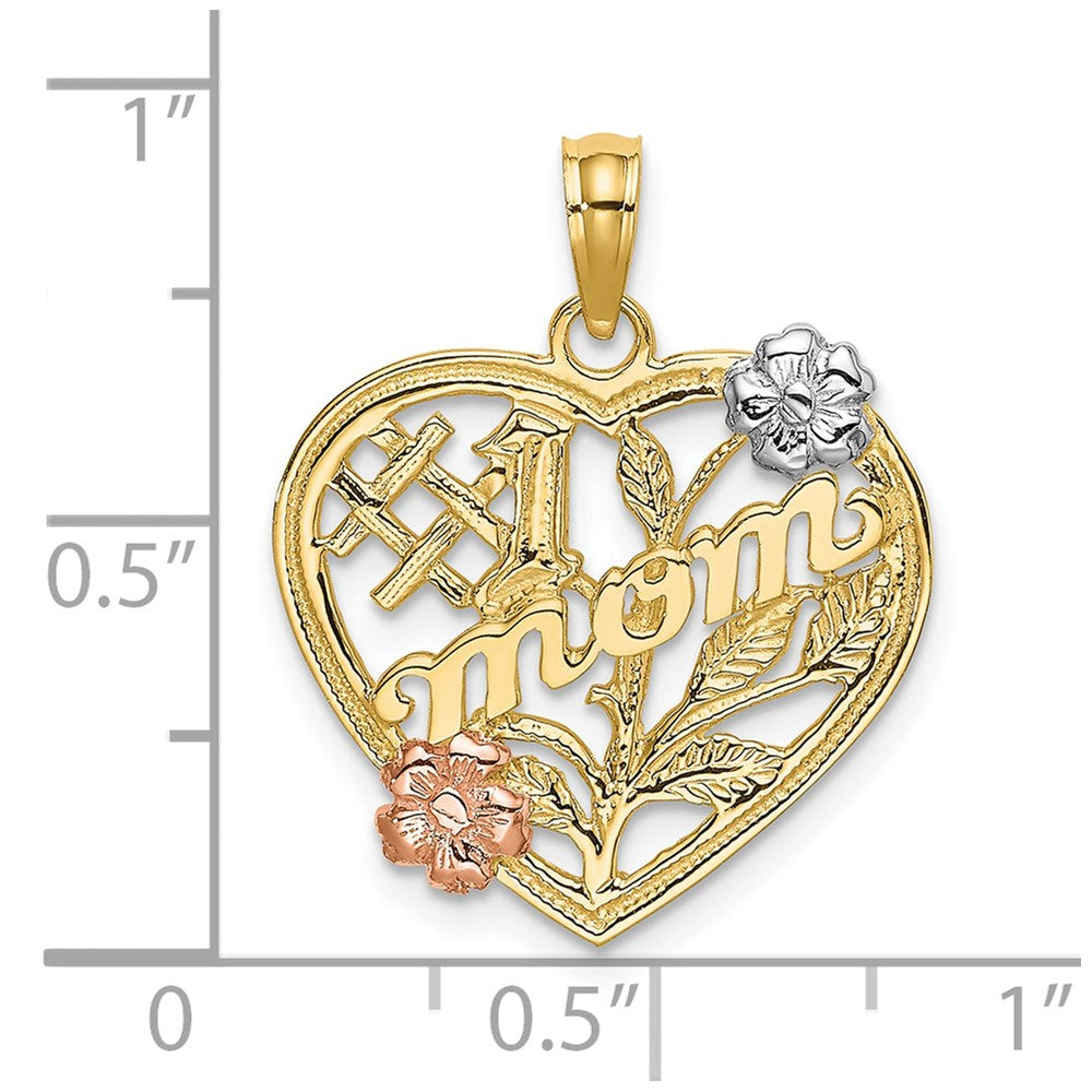 Million Charms 14K Yellow & Rose Gold Themed With Rhodium-Plated #1 Mom Heart With Flower Charm
