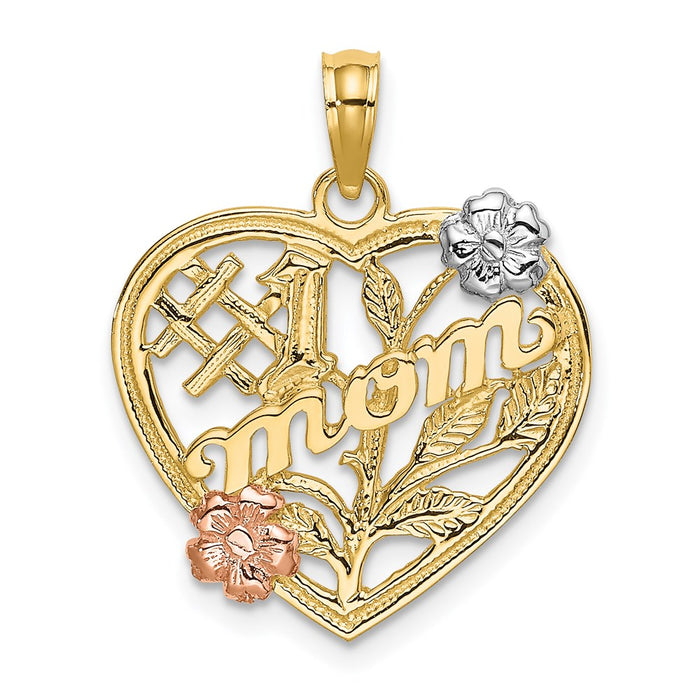 Million Charms 14K Yellow & Rose Gold Themed With Rhodium-Plated #1 Mom Heart With Flower Charm