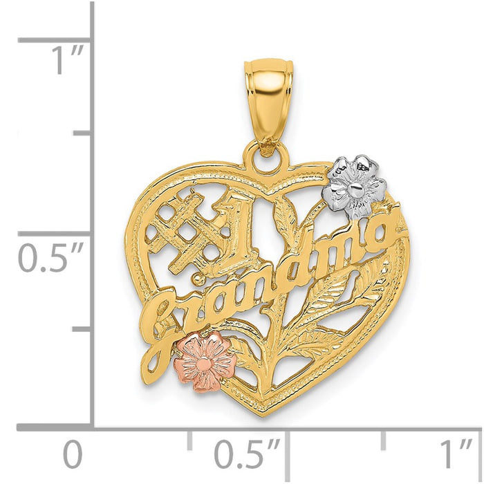 Million Charms 14K Tri-Color #1 Grandma On Heart With Flower Charm