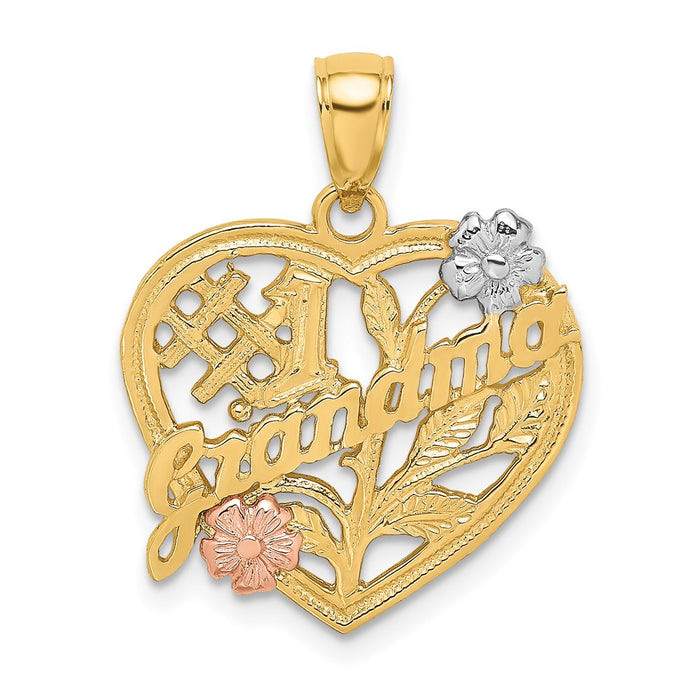 Million Charms 14K Tri-Color #1 Grandma On Heart With Flower Charm