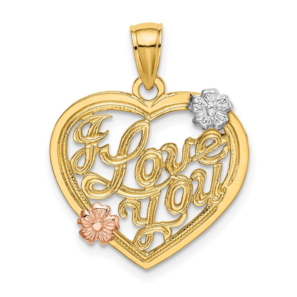 Million Charms 14K Yellow &Rose Gold Themed With Rhodium-plated I Love You Heart With Flowers Charm