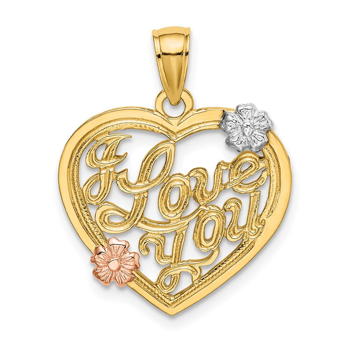 Million Charms 14K Yellow &Rose Gold Themed With Rhodium-plated I Love You Heart With Flowers Charm
