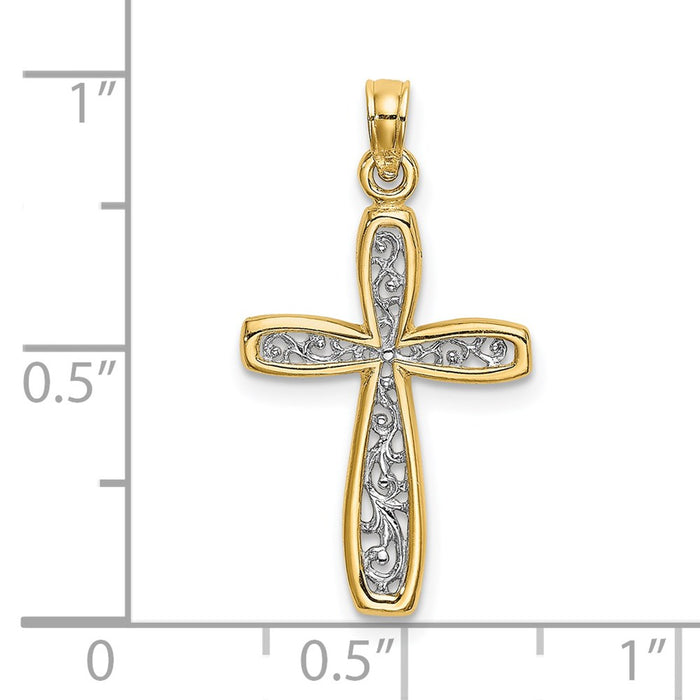 Million Charms 14K Yellow Gold Themed With Rhodium-Plated Filigree Relgious Cross Charm