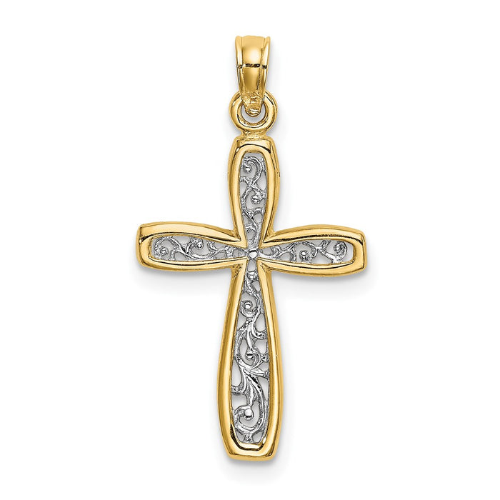 Million Charms 14K Yellow Gold Themed With Rhodium-Plated Filigree Relgious Cross Charm