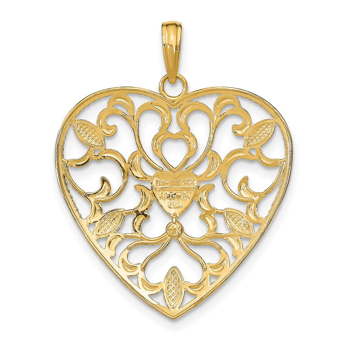 Million Charms 14K Yellow Gold Themed With Rhodium-Plated Filigree Leaf Accent Heart Charm