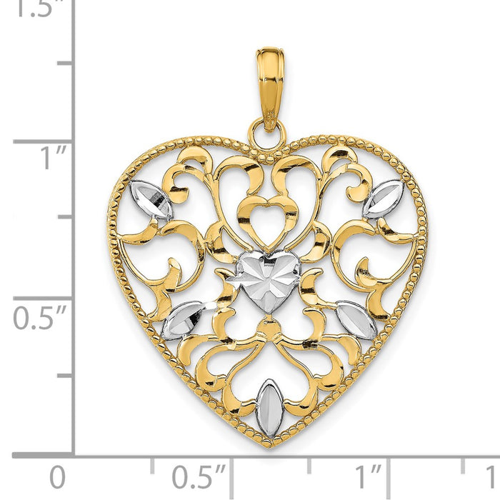 Million Charms 14K Yellow Gold Themed With Rhodium-Plated Filigree Leaf Accent Heart Charm