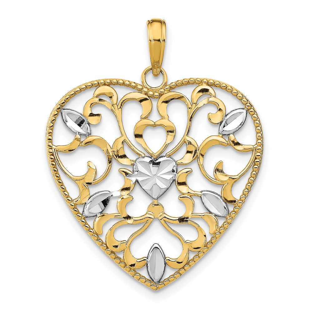 Million Charms 14K Yellow Gold Themed With Rhodium-Plated Filigree Leaf Accent Heart Charm