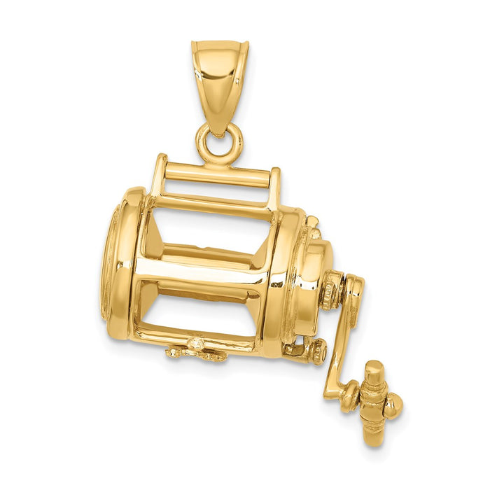 Million Charms 14K Yellow Gold Themed Rhodium-Plated Moveable 3-D Fishing Reel Charm