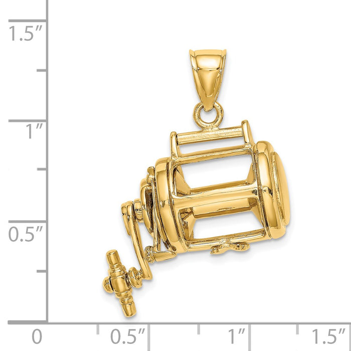 Million Charms 14K Yellow Gold Themed Rhodium-Plated Moveable 3-D Fishing Reel Charm