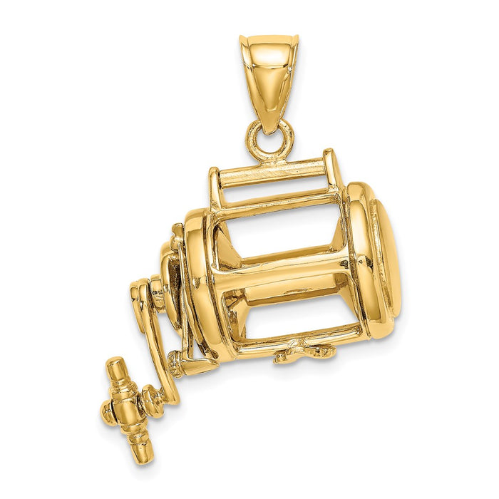 Million Charms 14K Yellow Gold Themed Rhodium-Plated Moveable 3-D Fishing Reel Charm