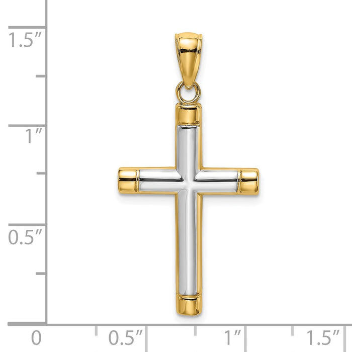 Million Charms 14K Yellow Gold Themed With Rhodium-Plated Polished Tubular Relgious Cross Charm