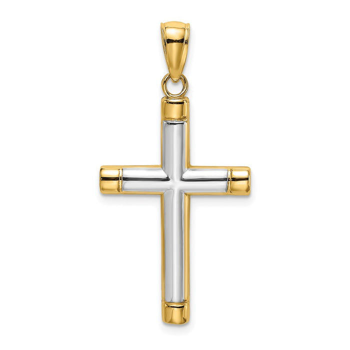 Million Charms 14K Yellow Gold Themed With Rhodium-Plated Polished Tubular Relgious Cross Charm