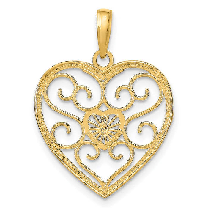Million Charms 14K Yellow Gold Themed With Rhodium-Plated Filigree Beaded Heart Charm