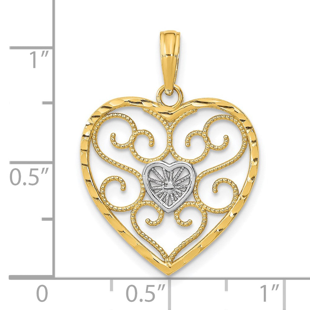 Million Charms 14K Yellow Gold Themed With Rhodium-Plated Filigree Beaded Heart Charm