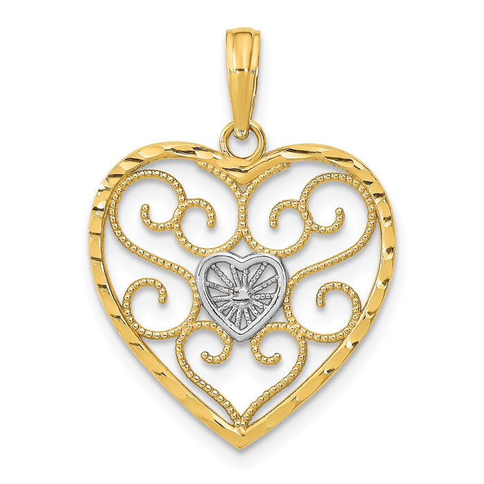Million Charms 14K Yellow Gold Themed With Rhodium-Plated Filigree Beaded Heart Charm
