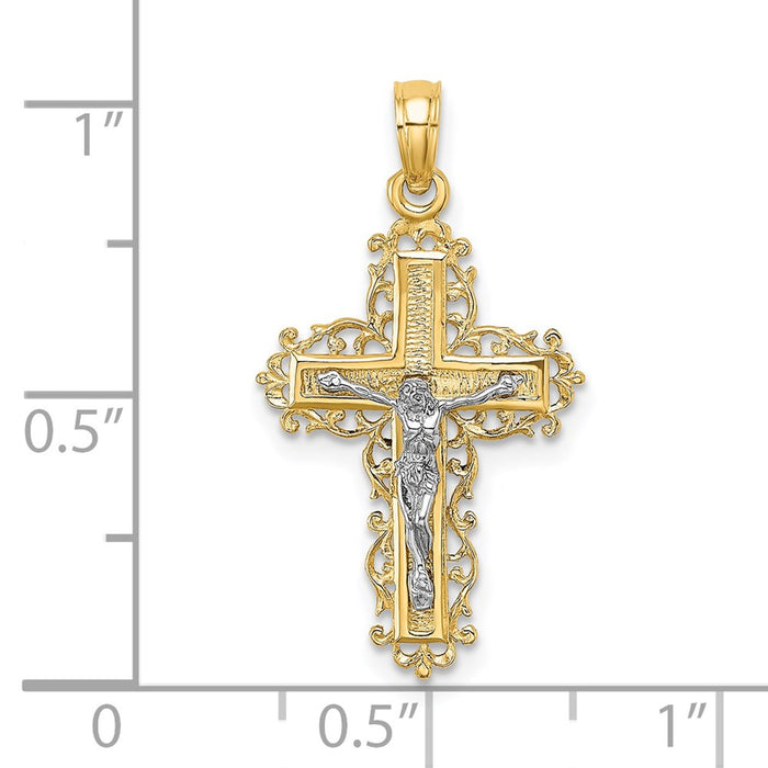 Million Charms 14K With White Rhodium-plated Textured Lace Trim Relgious Crucifix Charm