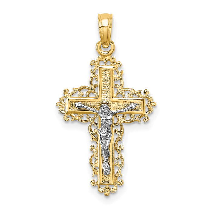 Million Charms 14K With White Rhodium-plated Textured Lace Trim Relgious Crucifix Charm