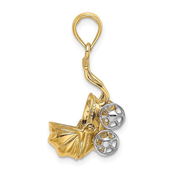 Million Charms 14K Yellow Gold Themed With Rhodium-plated 3-D Baby Stroller With Moveable Wheels Charm