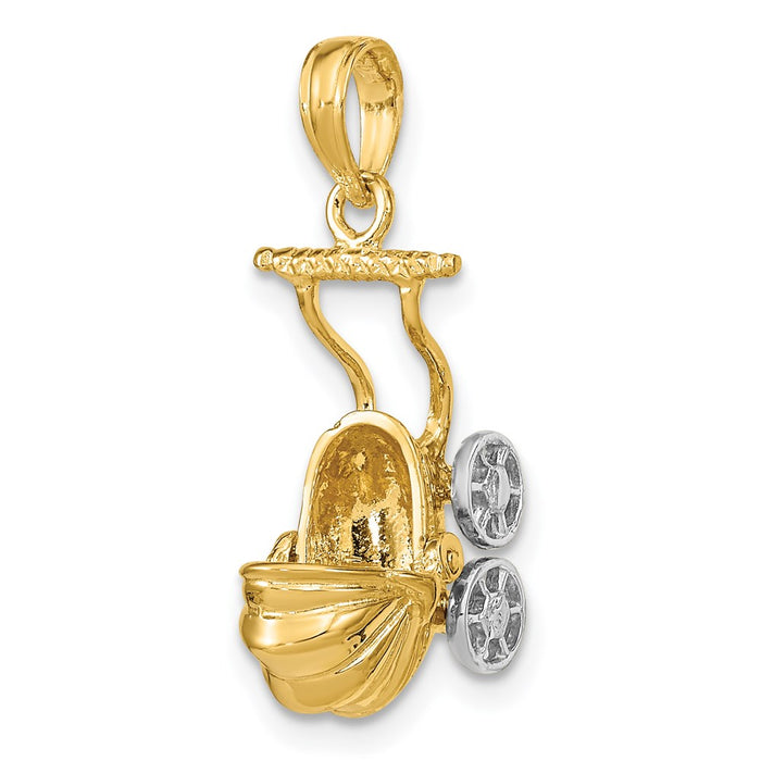 Million Charms 14K Yellow Gold Themed With Rhodium-plated 3-D Baby Stroller With Moveable Wheels Charm