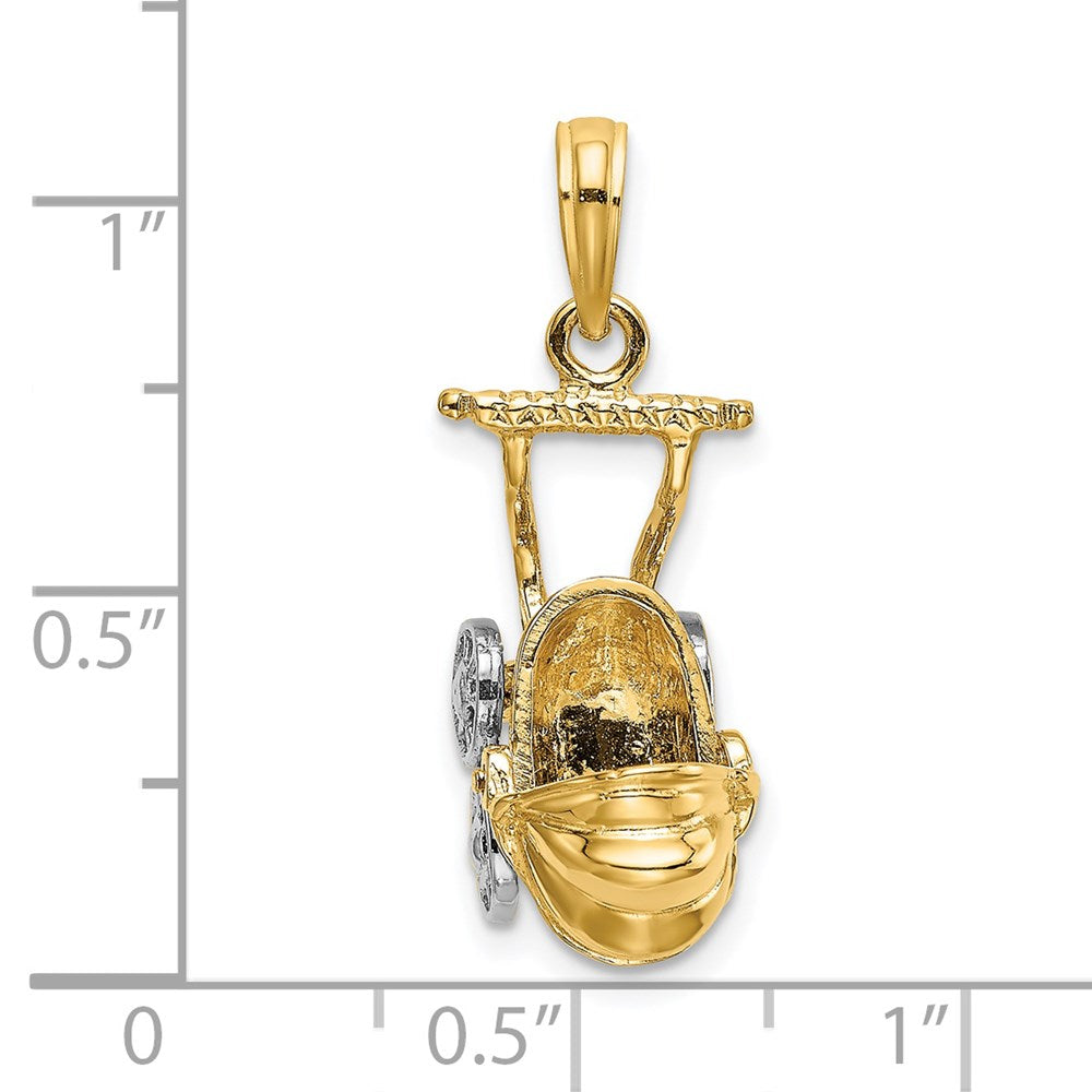 Million Charms 14K Yellow Gold Themed With Rhodium-plated 3-D Baby Stroller With Moveable Wheels Charm